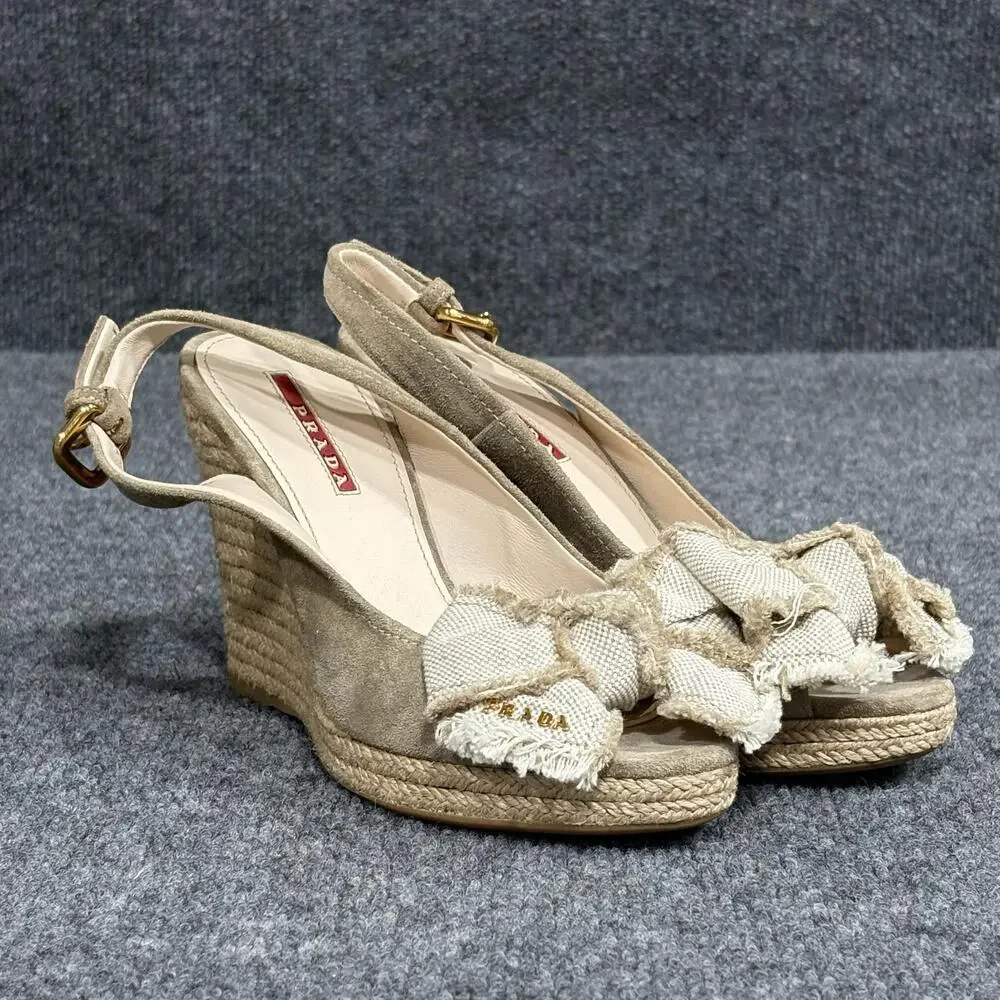 Prada Wedge Sandals Womens 5.5 Beige Espadrille Bow Peep Toe Suede Canvas